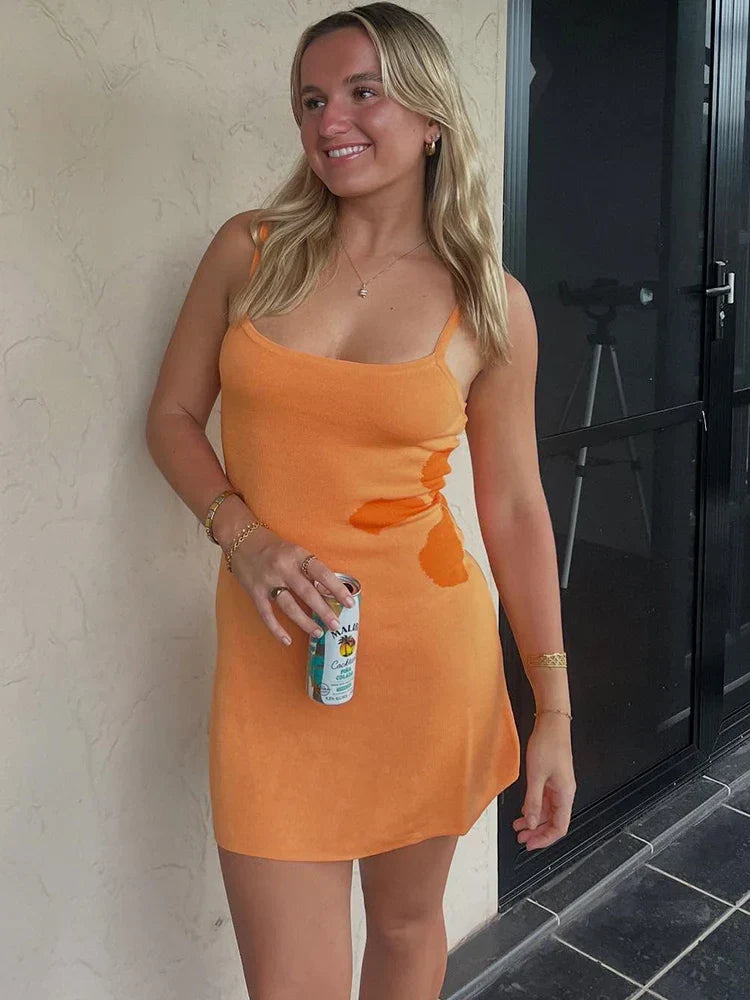 Knit Scoop Neck Spaghetti Strap Abstract Print Bodycon Mini Dress