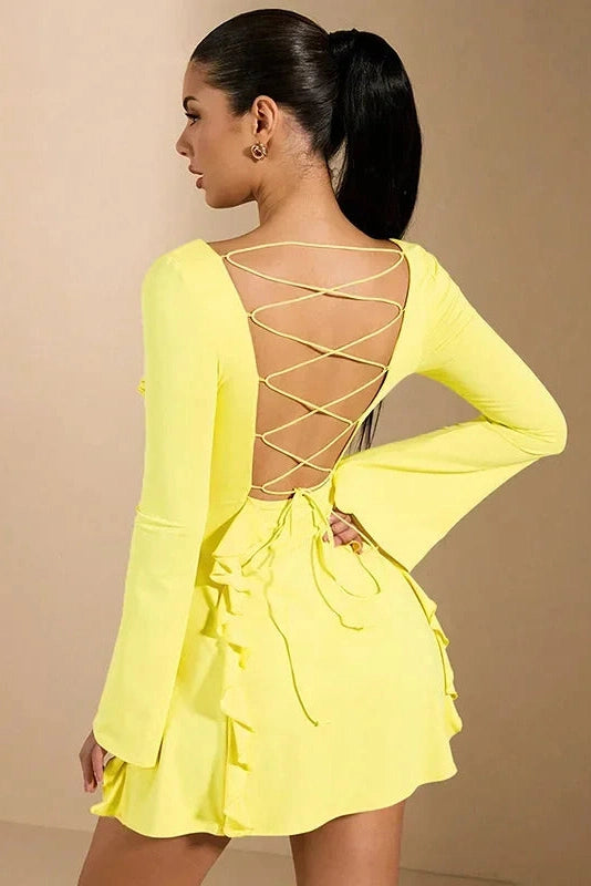 Lace-Up Backless Mini Dress with Patchwork and Flare Sleeves
