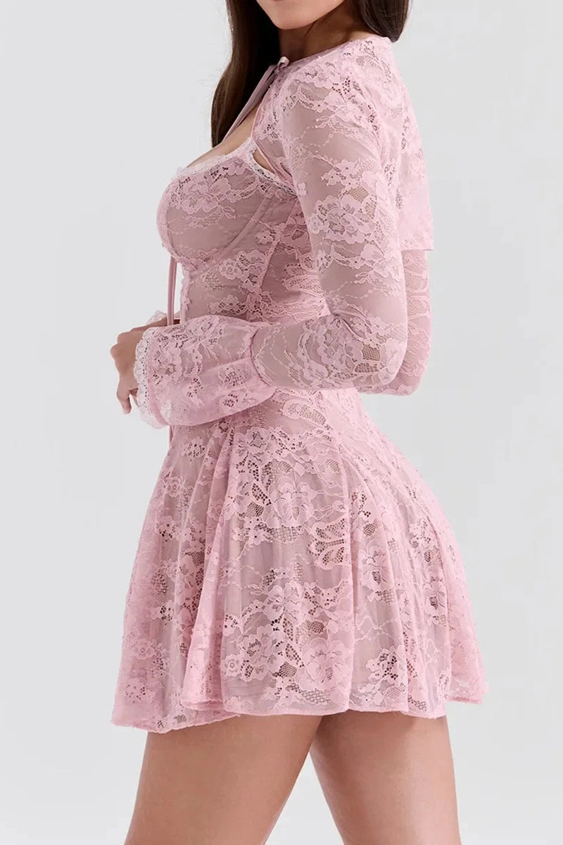 A-Line Mini Dress with O-Neck, High Waist, Long Sleeves, and Lace-Up Detail