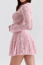 A-Line Mini Dress with O-Neck, High Waist, Long Sleeves, and Lace-Up Detail