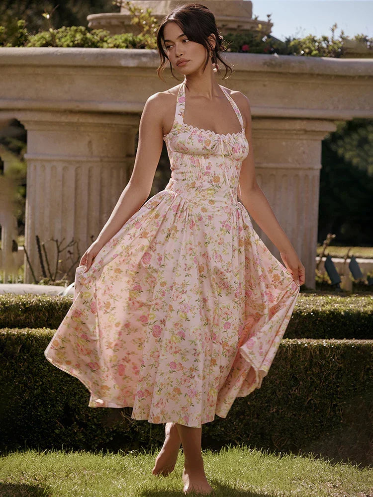 Ditsy Floral Print Halter Neck Corset Bow Trim Fit and Flare Midi Dress
