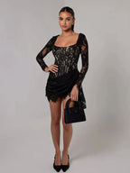 Square Neck Lace Corset Long Sleeve Ruched Scalloped Hem Mini Dress