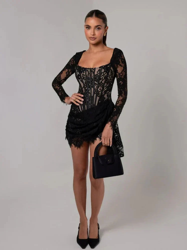 Square Neck Lace Corset Long Sleeve Ruched Scalloped Hem Mini Dress