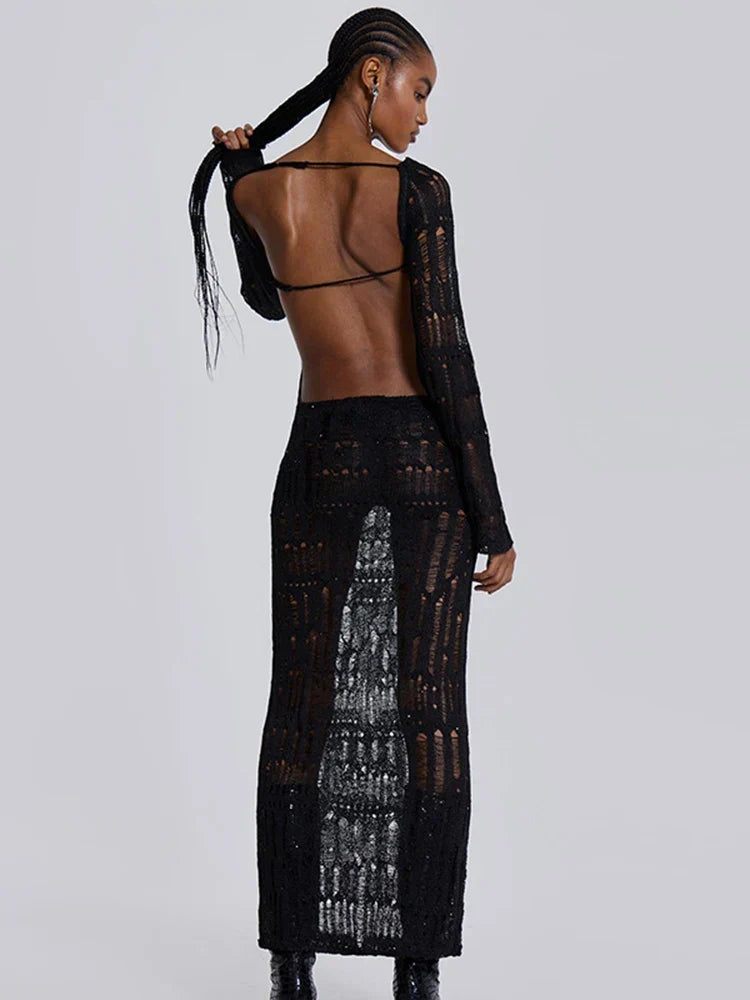 Knit Open Weave Mock Neck Long Sleeve Side Cut Out Bodycon Maxi Dress