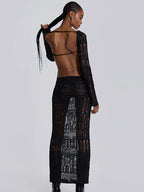 Knit Open Weave Mock Neck Long Sleeve Side Cut Out Bodycon Maxi Dress