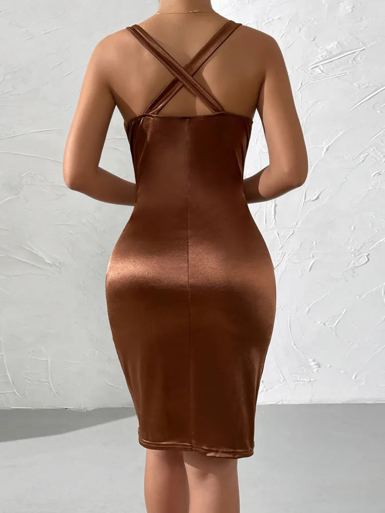 Corset Panel Deep V-Neck Draped Wrap Satin Midi Dress
