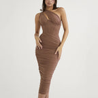 One Shoulder Keyhole Cut Out Corset Seam Ruched Bodycon Midi Dress