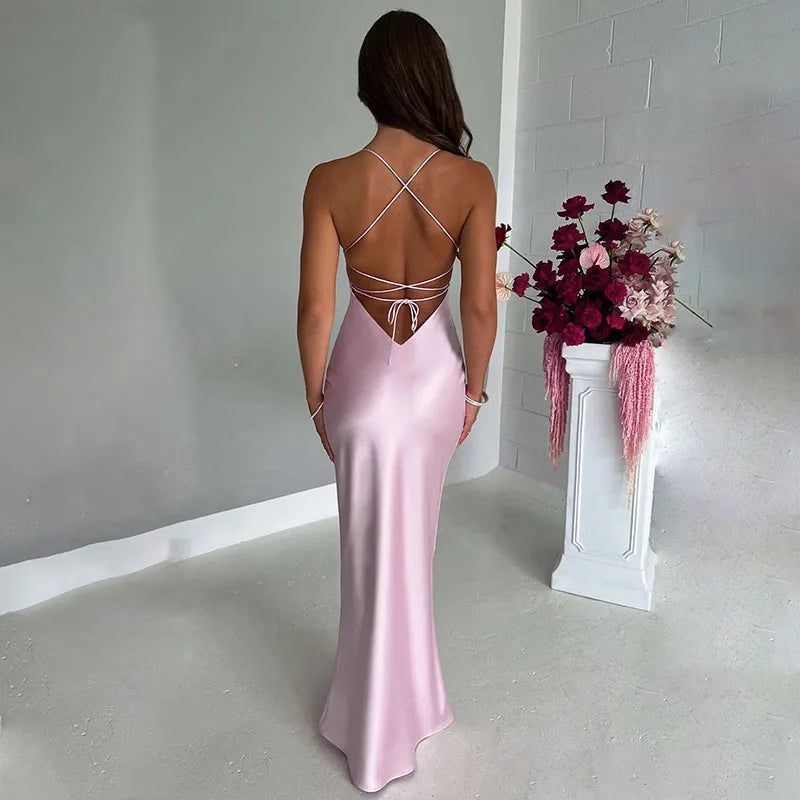 Cross Strap Lace Up Back Satin Maxi Dress