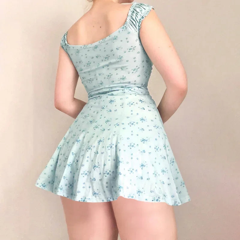 Off Shoulder Lace Trim Bow Detail Ditsy Floral Ruched Mini Dress