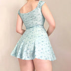 Off Shoulder Lace Trim Bow Detail Ditsy Floral Ruched Mini Dress