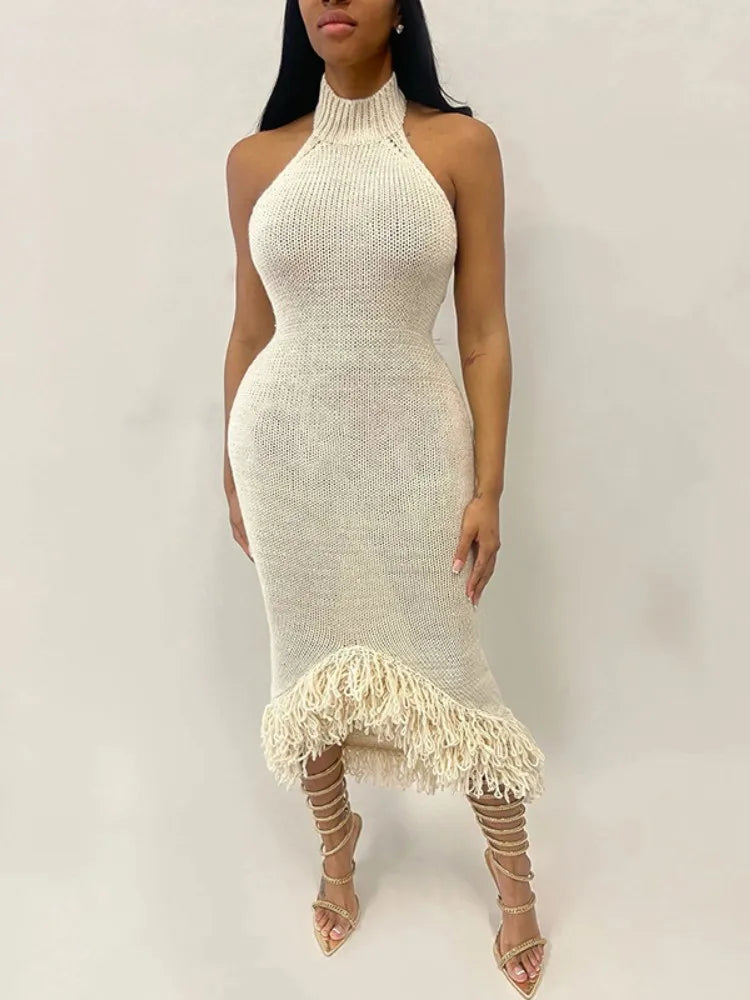 Halter Neck Ribbed Knit Looped Fringe Tassel Hem Bodycon Midi Dress