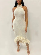 Halter Neck Ribbed Knit Looped Fringe Tassel Hem Bodycon Midi Dress