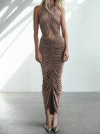Halter Cross Wrap Keyhole Waist Front Ruched Bodycon Maxi Dress