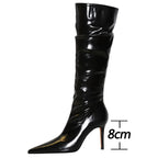 Sexy Knee-High Pointed Patent Leather High Heel Boots for Women