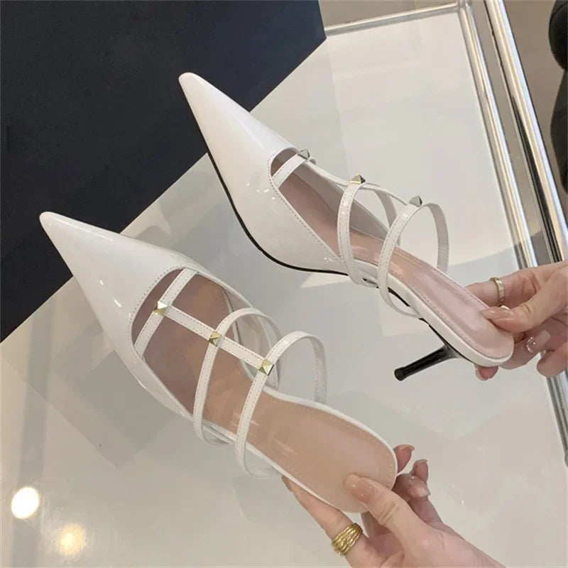 Rivet Narrow Band Women Slipper Pointed Toe Thin Heels Pumps Shoes