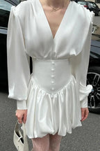 V-Neck Pleated Long Sleeve A-Line Patchwork Mini Dress
