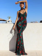 Floral Print Satin Spaghetti Strap Deep V-Neck Scarf Tie Slip Maxi Dress