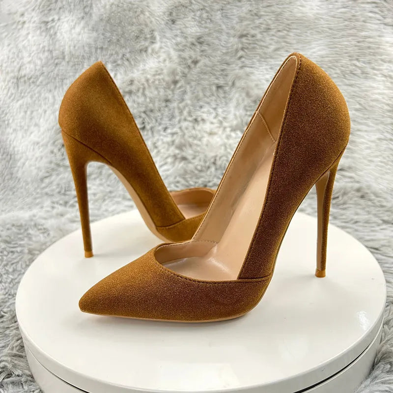 Brown Flock Pointy Toe High Heel Shoes for Sexy Women with Curl Cut