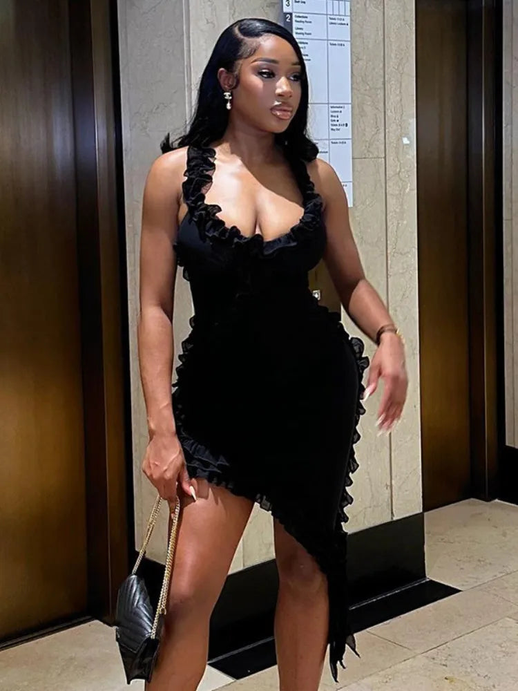 Ruffle Trim Scoop Neck Asymmetric Hem Bodycon Mini Dress