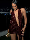 Sequin Plunging Halter Neck Scarf Tie Drape Mini Dress