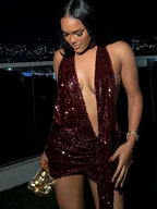 Sequin Plunging Halter Neck Scarf Tie Drape Mini Dress