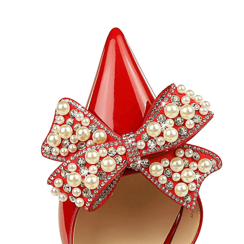 Women's Luxury Bowknot Pearl Rhinestone Patent Leather High Heels