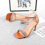 Square toe diamond stiletto heel sandals for women