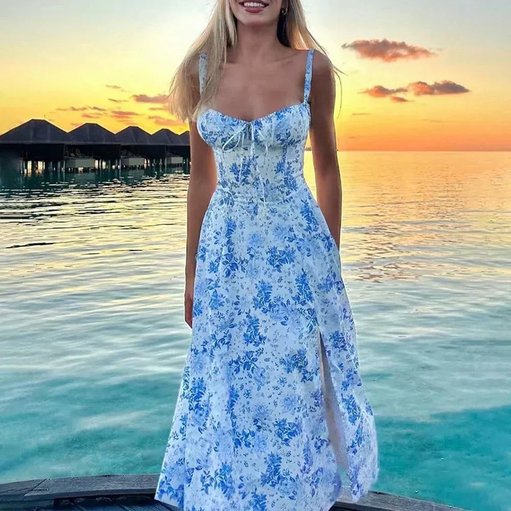 Sweetheart Tie Front Corset Bodice High Slit Toile Floral Midi Dress