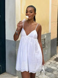 Eyelet Embroidery Spaghetti Strap V-Neck Empire Waist Mini Dress