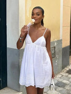 Eyelet Embroidery Spaghetti Strap V-Neck Empire Waist Mini Dress