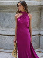 Satin Halter Neck Draped Sash Panel Column Maxi Dress
