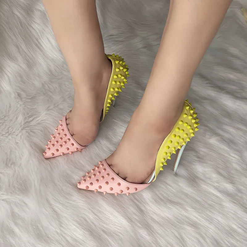 High Heel Shoes with Mixed Colors, Pointed Toe, Rivets, and Studs for Sexy Women