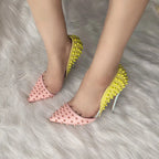 High Heel Shoes with Mixed Colors, Pointed Toe, Rivets, and Studs for Sexy Women