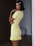 Ribbed Knit Keyhole Pie Crust Collar Ruffle Hem Mini Dress