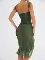 Boat Neck Ruched Mesh Asymmetric Ruffle Hem Bodycon Midi Dress