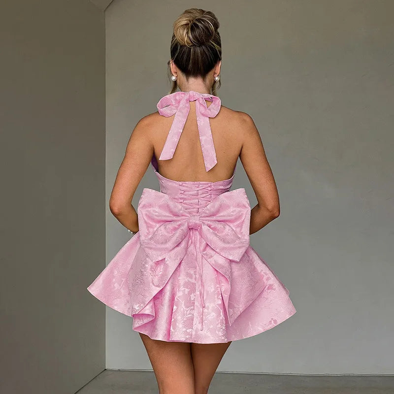 Jacquard Floral Halter Deep V-Neck Bow Back Fit and Flare Mini Dress