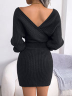 Rib Knit Off-Shoulder Surplice Dolman Sleeve Bodycon Mini Dress