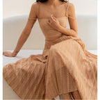 Cold Shoulder Frayed Strap Textured Pleated Corset Bodice Maxi Dress