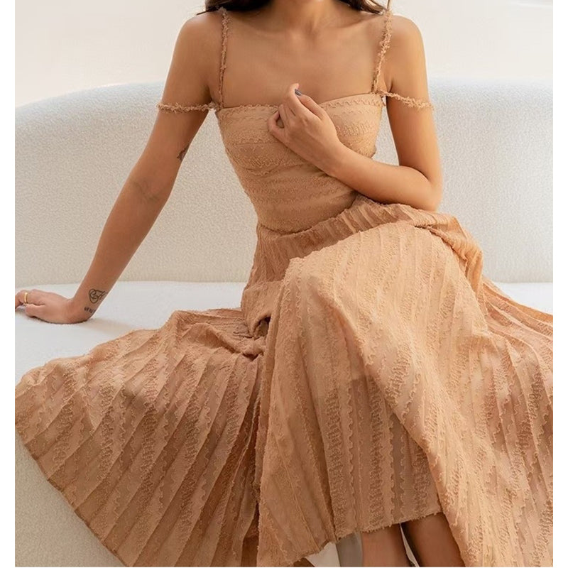 Cold Shoulder Frayed Strap Textured Pleated Corset Bodice Maxi Dress