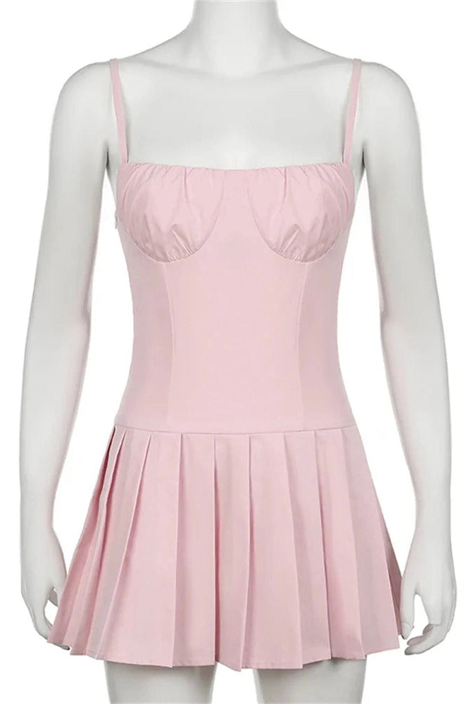 Pleated A-Line Backless High Waist Mini Dress