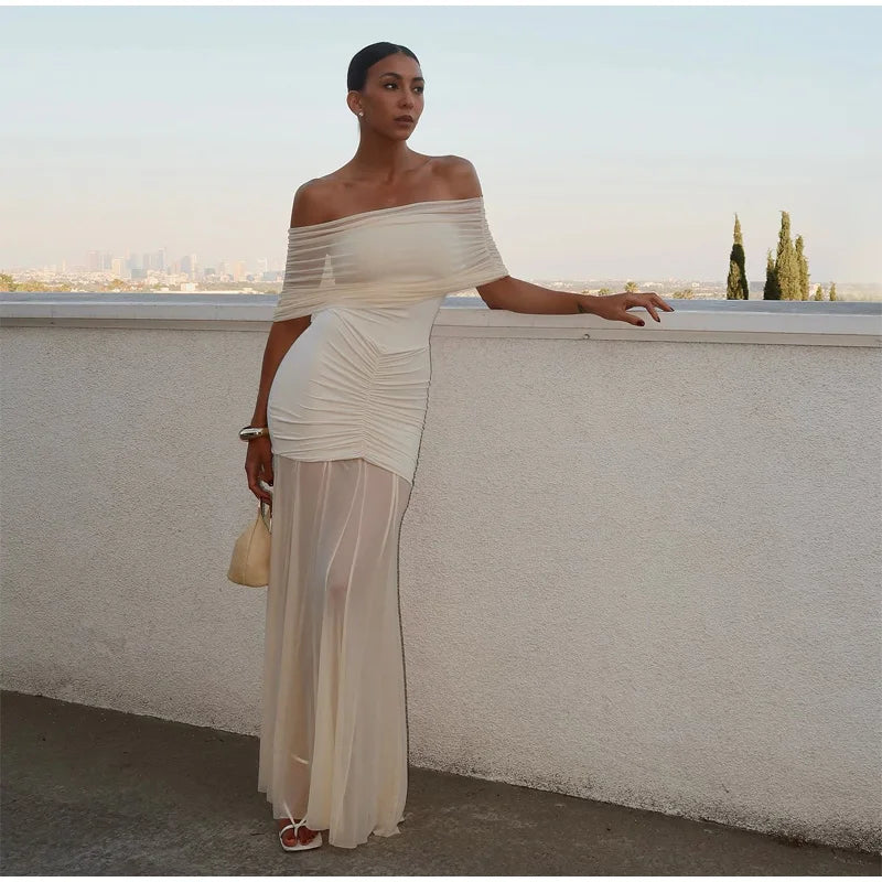 Off Shoulder Mesh Drape Ruched Bodice Sheer Overlay Maxi Gown