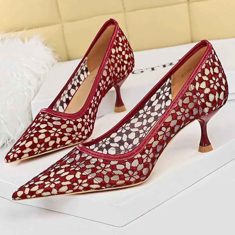 Lace Mesh Cutout Kitten Heel Pumps for Women - Sexy Banquet Shoes