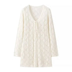 Solid Hollow Out Knitted Beach Dress Women 2024 New V Neck Long Sleeve Lace-up Vestidos Summer Sexy Fashion Holiday Mini Dresses