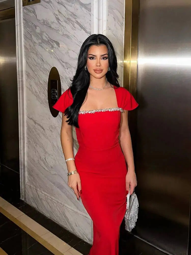 Rhinestone Square Neck Cap Sleeve Bandage Maxi Dress