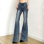 Y2K Low Waisted Washed Flare Jeans Korean Streetwear Blue Slim Fit Denim Pants Fashion Lady Casual Boot Cut Trousers