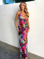 Floral Print Halter Neck Deep V-Neck Rhinestone Embellished Bodycon Maxi Dress