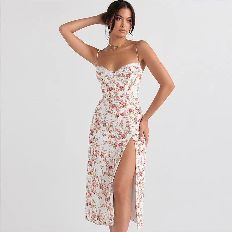Floral Lace Trim Bustier Low Back Spaghetti Strap Midi Dress