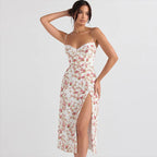 Floral Lace Trim Bustier Low Back Spaghetti Strap Midi Dress