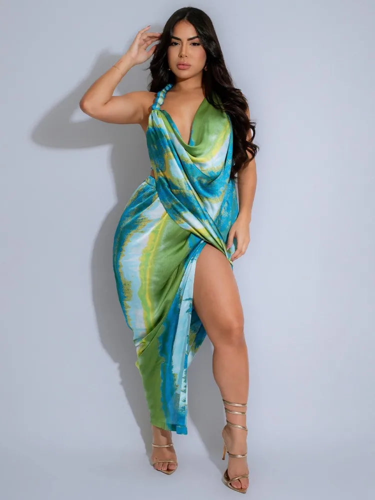 Tie Dye Halter Neck Cowl Drape High Split Asymmetric Hem Satin Midi Dress