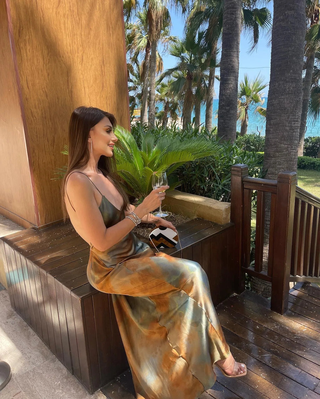 Abstract Marble Print Spaghetti Strap Rhinestone Strap Backless Maxi Gown
